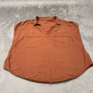 Old navy short sleeve v neck utility blouse top shirt brown orange women XL